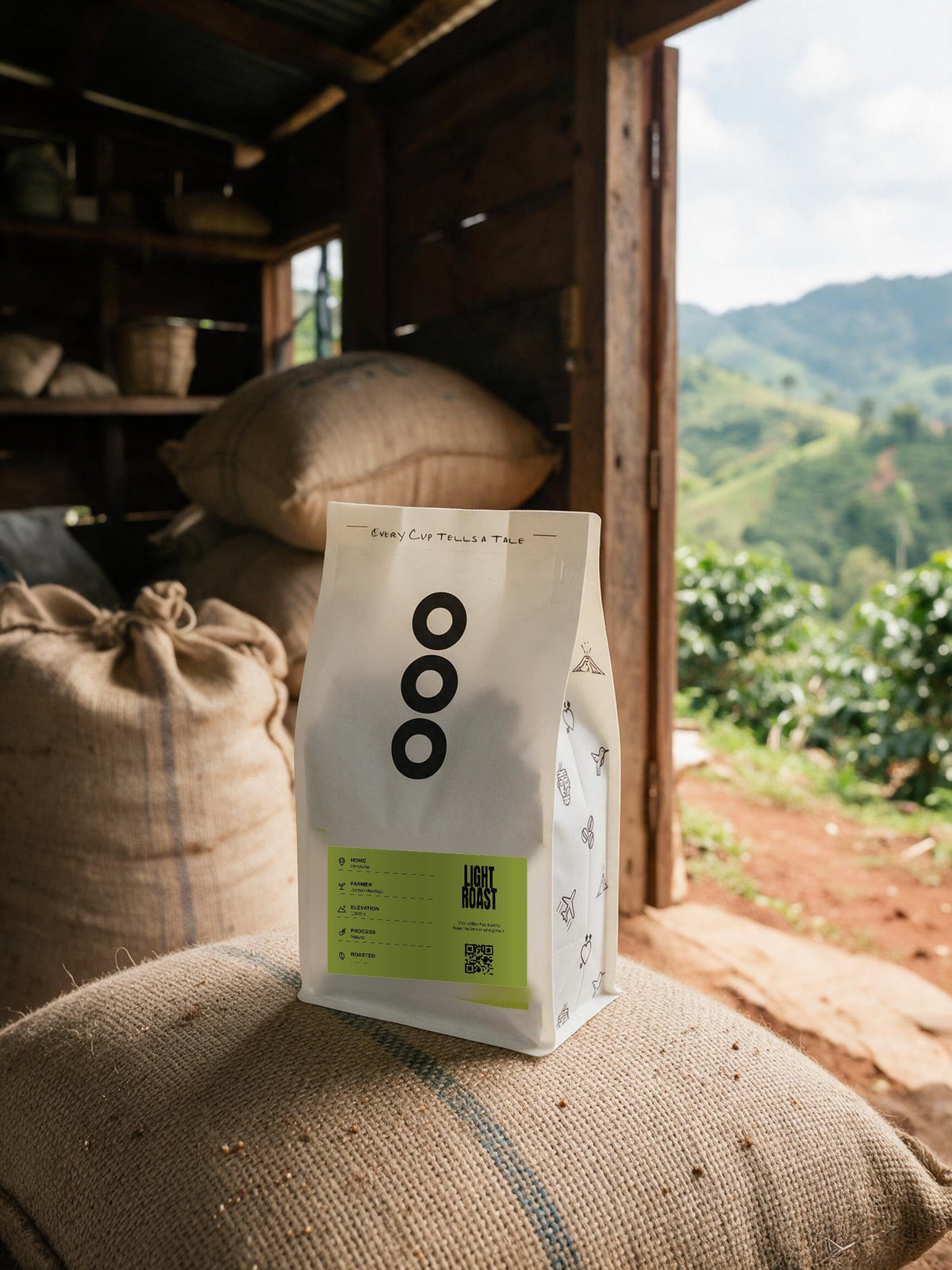 Jocsan's Natural bag on a burlap sack in the doorway of a small beneficio, Honduras