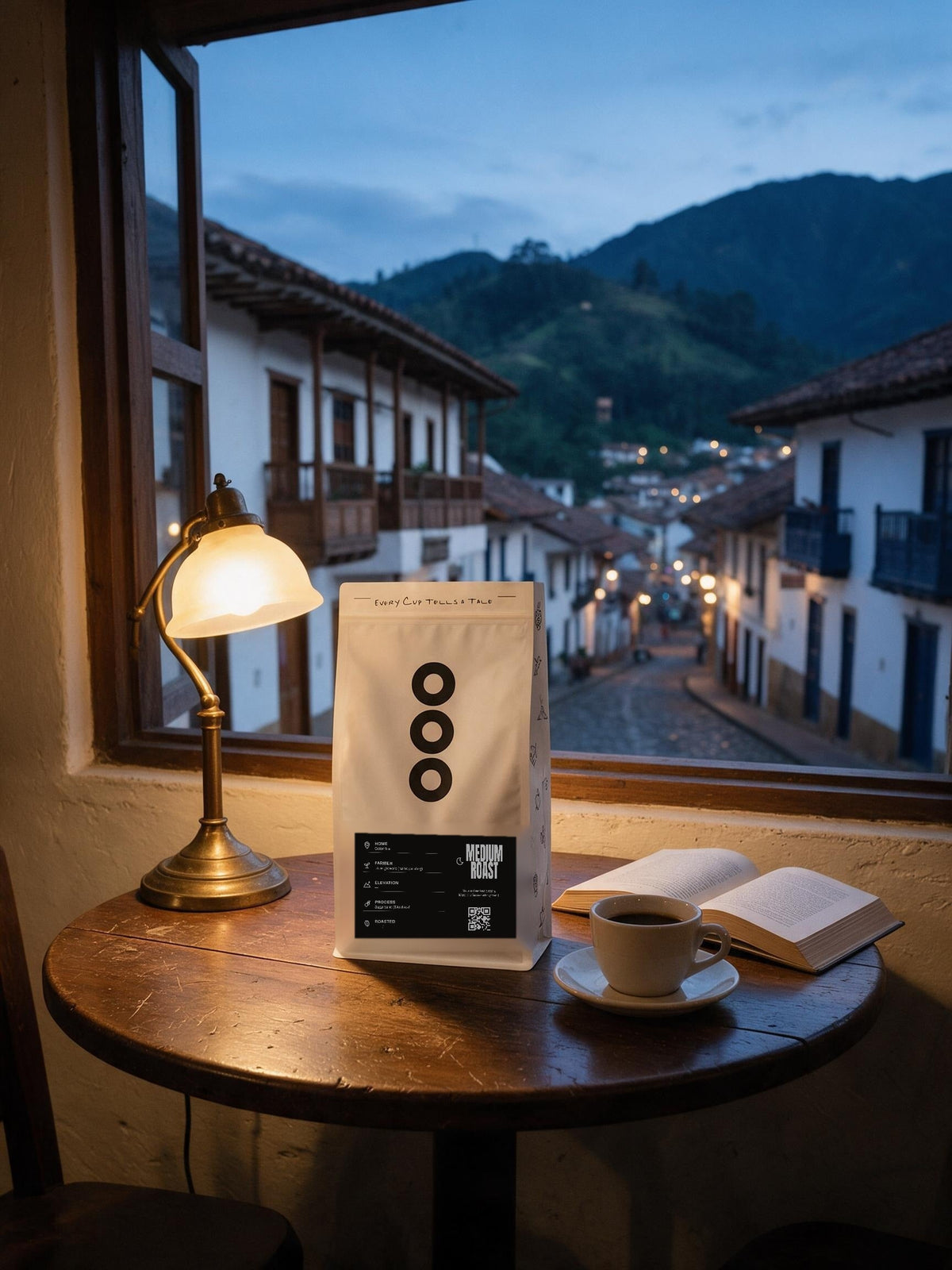 Colombian Decaf bag on a café table at dusk in a Colombian mountain town