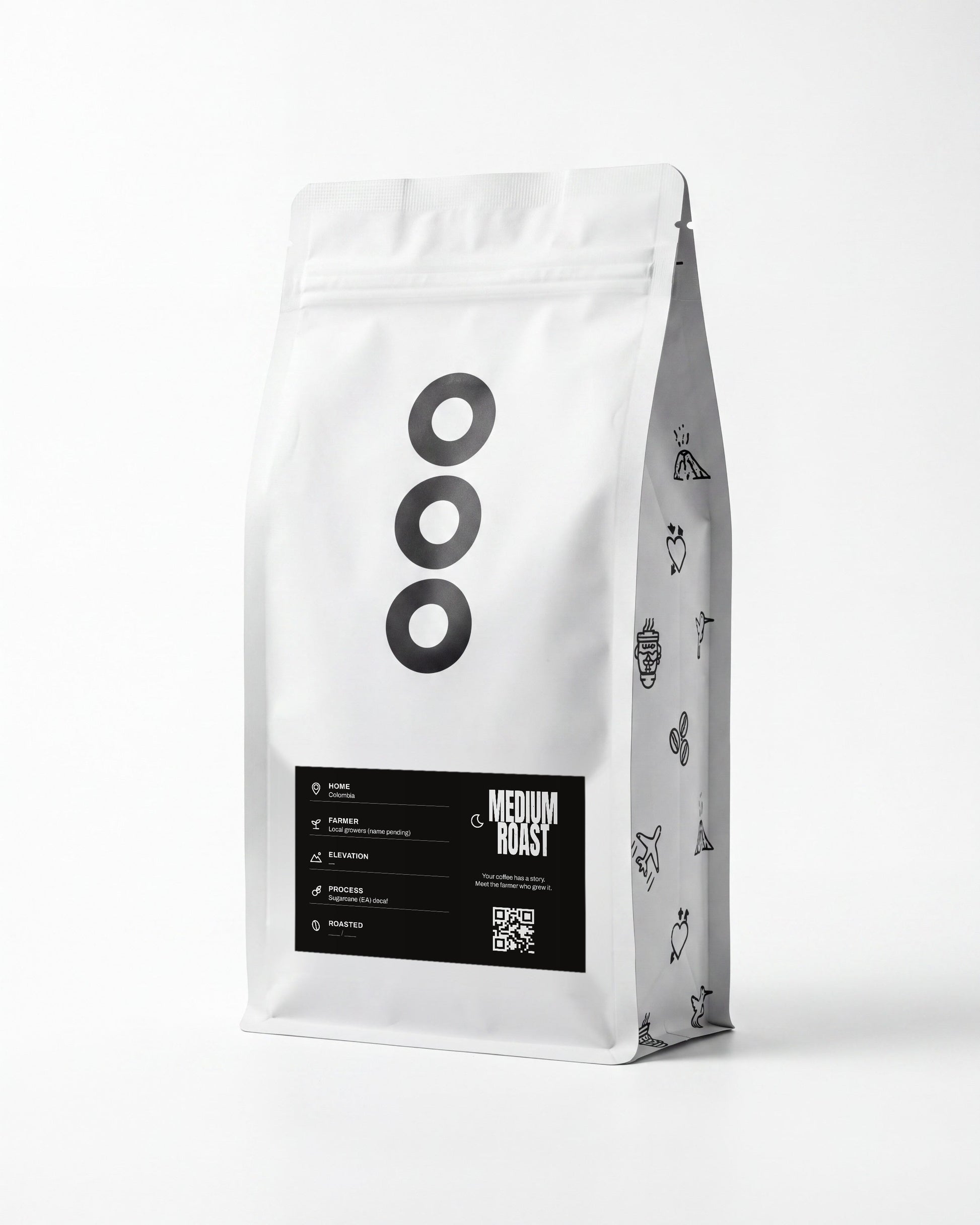 Colombian Decaf — Lost & Found Coffee 12 oz bag, Black label, medium roast, on white