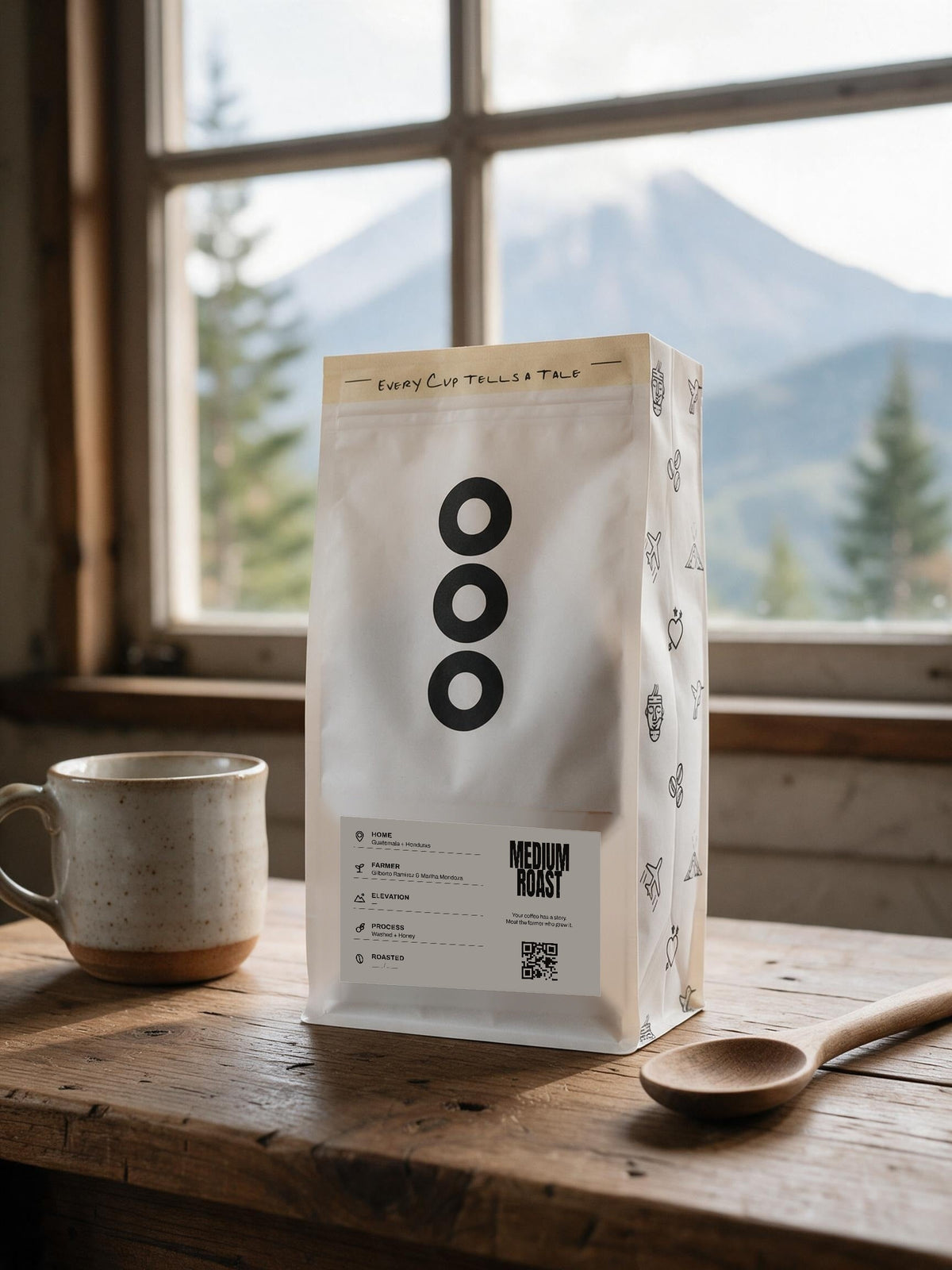 Dos Manos Blend bag on a kitchen counter in a Guatemalan highland home