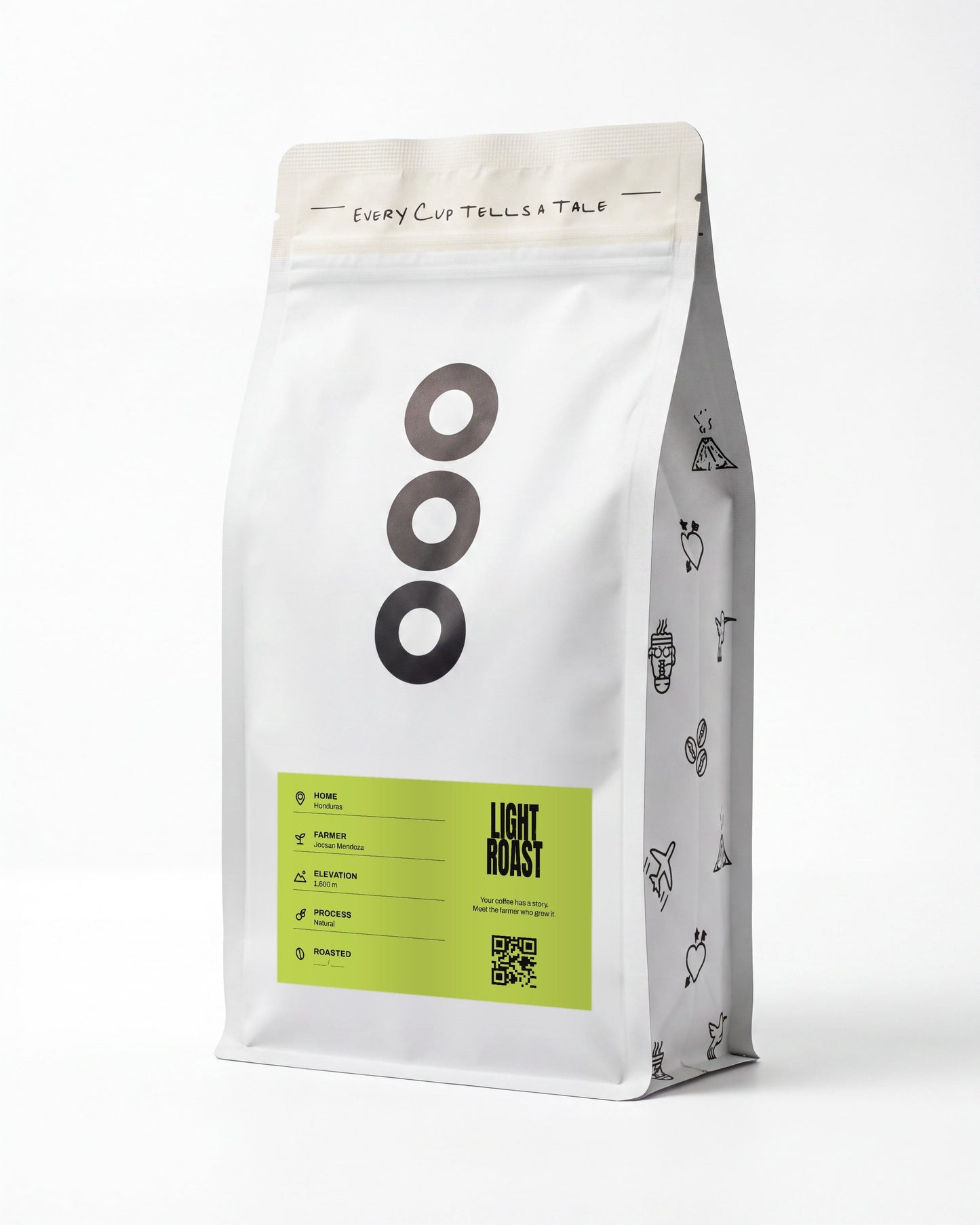 Jocsan's Natural — Lost & Found Coffee 12 oz bag, Chartreuse label, light roast, on white