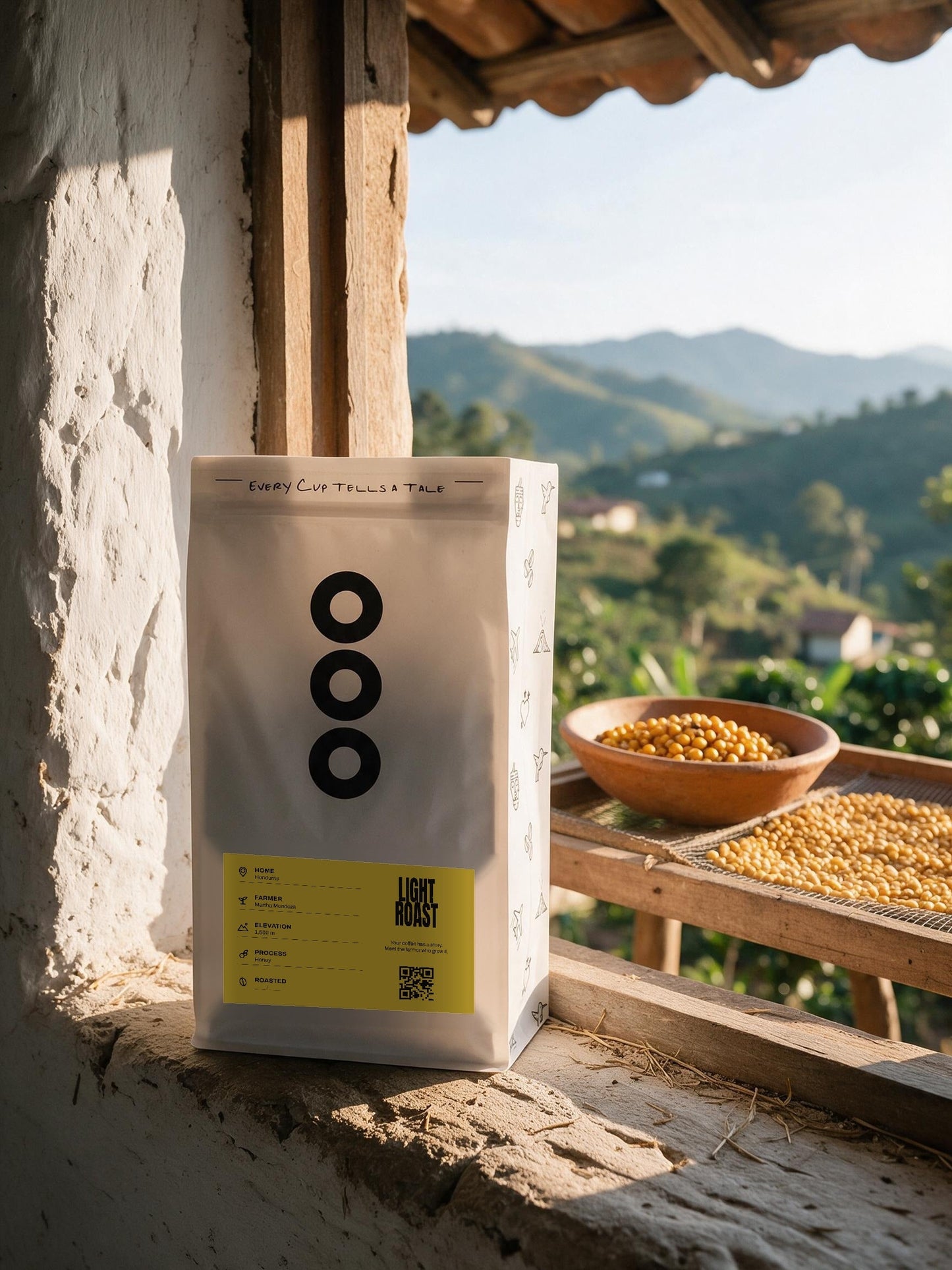 Martha's Honey bag on a sunlit farmhouse windowsill in the Honduran mountains