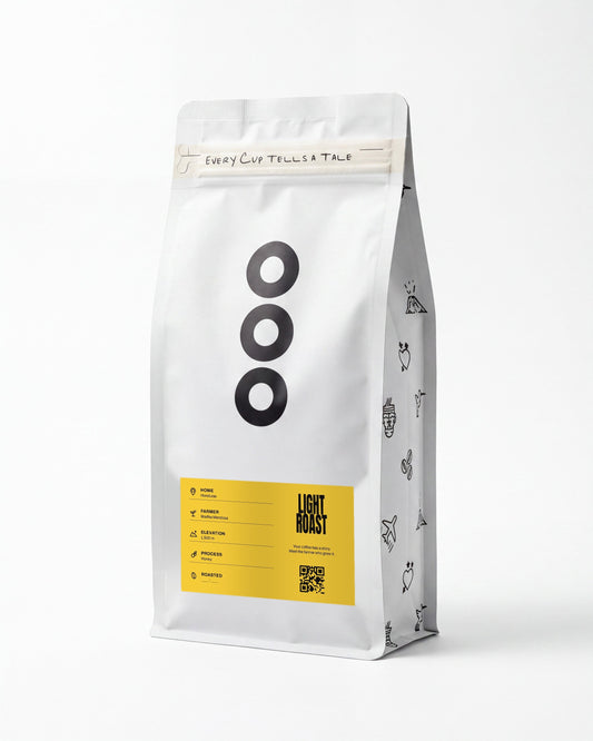 Martha's Honey — Lost & Found Coffee 12 oz bag, Oxcart Yellow label, light roast, on white