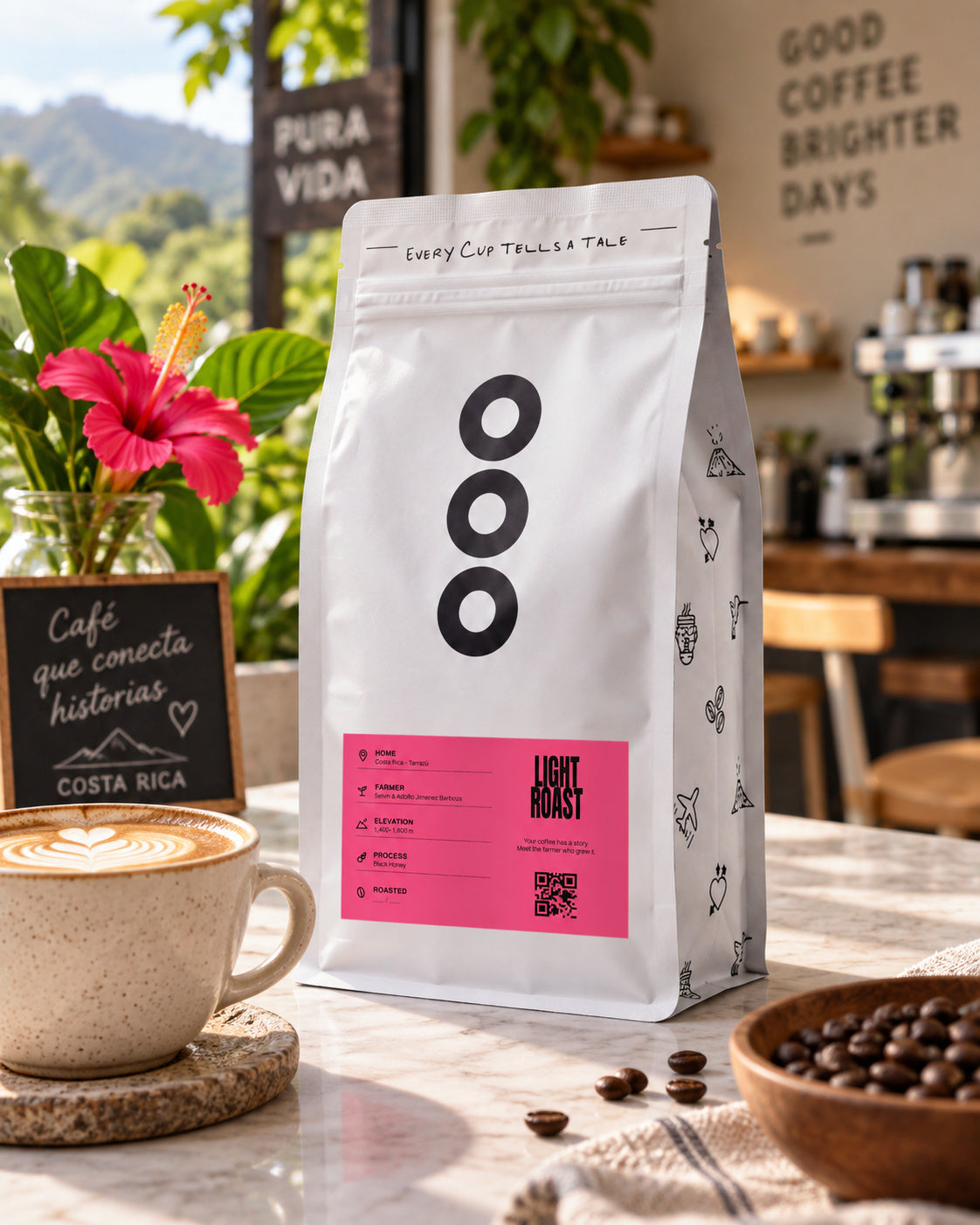 Seilyn's Black Honey bag on a farm porch table in the Tarrazú highlands, Costa Rica