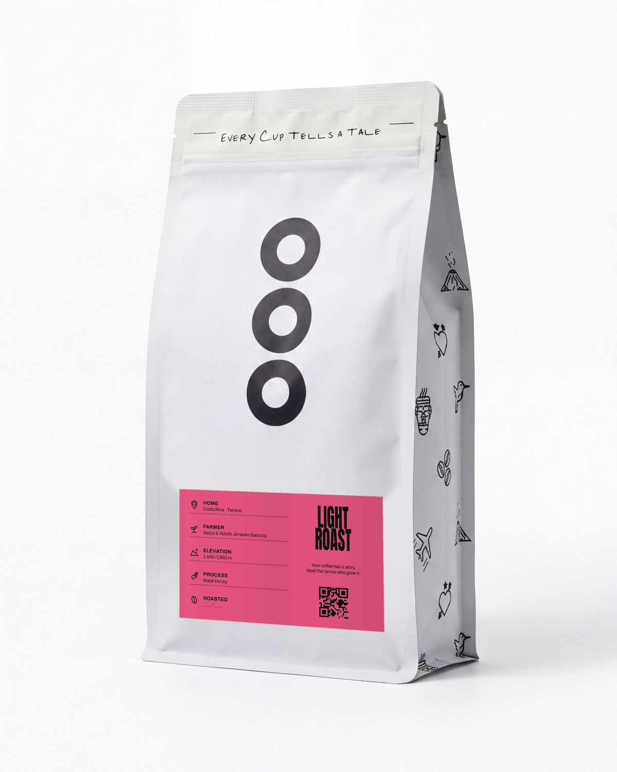 Seilyn's Black Honey — Lost & Found Coffee 12 oz bag, Pink label, light roast, on white
